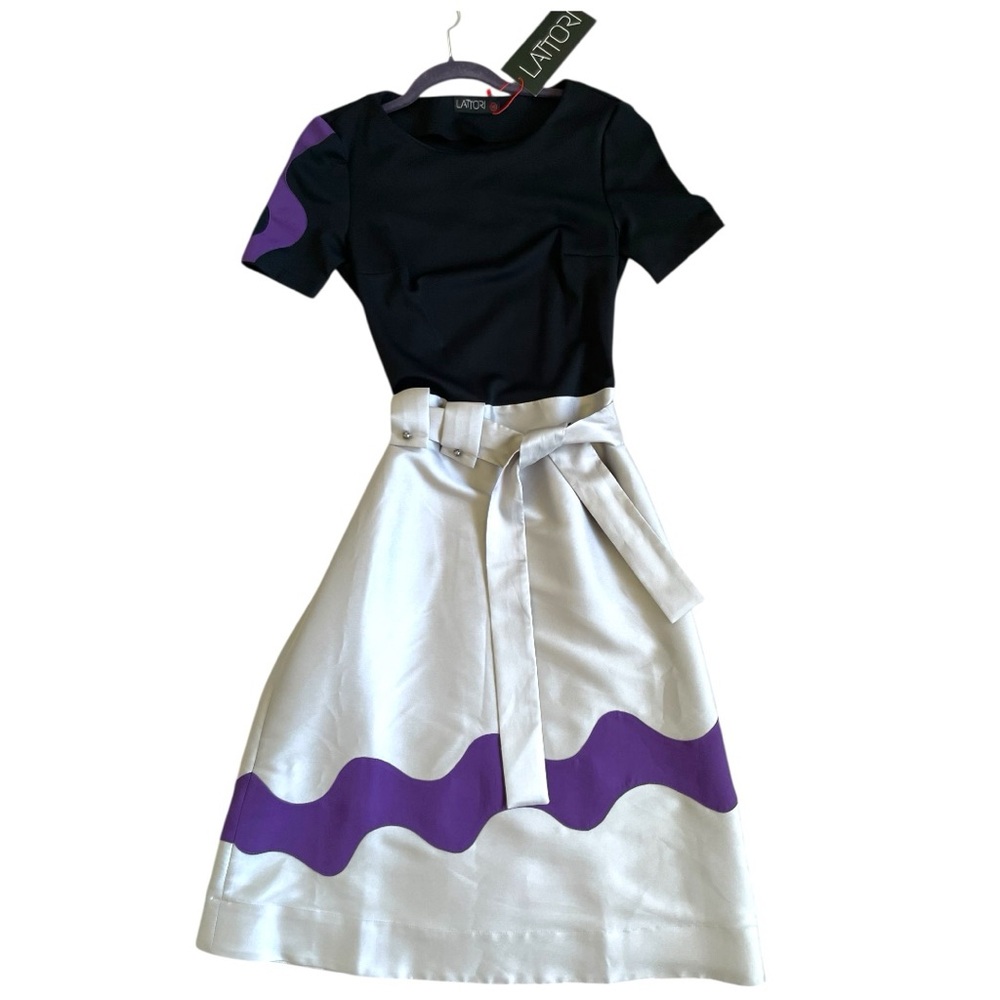 NWT Black and Silver Metallic A Line High Waist Midi Dress cap sleeve w purple - Picture 7 of 11